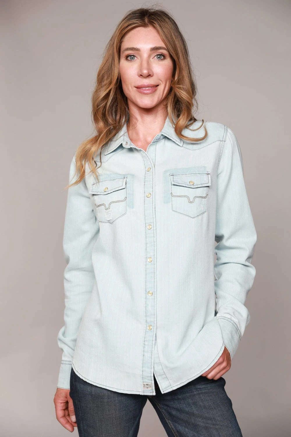 Kimes Ranch Womens Kaycee Top Destroy Denim Cotton Blend L/S Shirt 4 Kimes Ranch Womens Kaycee Top Destroy Denim Cotton Blend L/S Shirt - Image 2