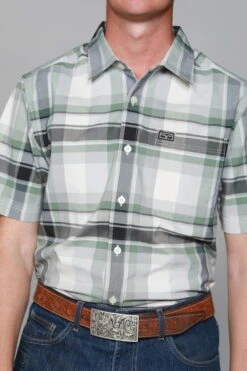 Kimes Ranch Mens Grande Plaid Green Cotton Blend S/S Western Shirt -Kimes Ranch grande plaid green top mens 3 scaled 1