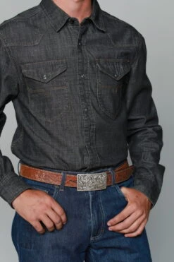 Kimes Ranch Mens Grimes Denim Black Denim Cotton Blend L/S Shirt -Kimes Ranch grimes black denim top mens 3 scaled 1