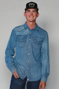 Kimes Ranch Mens Grimes Wash Indigo Denim Cotton Blend L/S Shirt