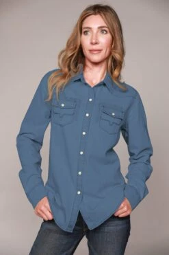 Kimes Ranch Womens Kaycee Top Dark Denim Cotton Blend L/S Shirt -Kimes Ranch kaycee denim button up dark wash womens 3 scaled 1