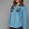 Kimes Ranch Womens KC Patched Top Indigo Denim Cotton Blend L/S Shirt -Kimes Ranch kc patched denim indigo womens 1 scaled 1