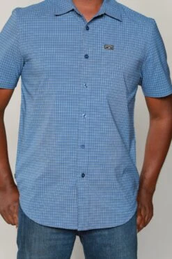 Kimes Ranch Mens Spyglass Mini Check Blue Cotton Blend S/S Western Shirt -Kimes Ranch spyglass ss blue top mens 3 scaled 1